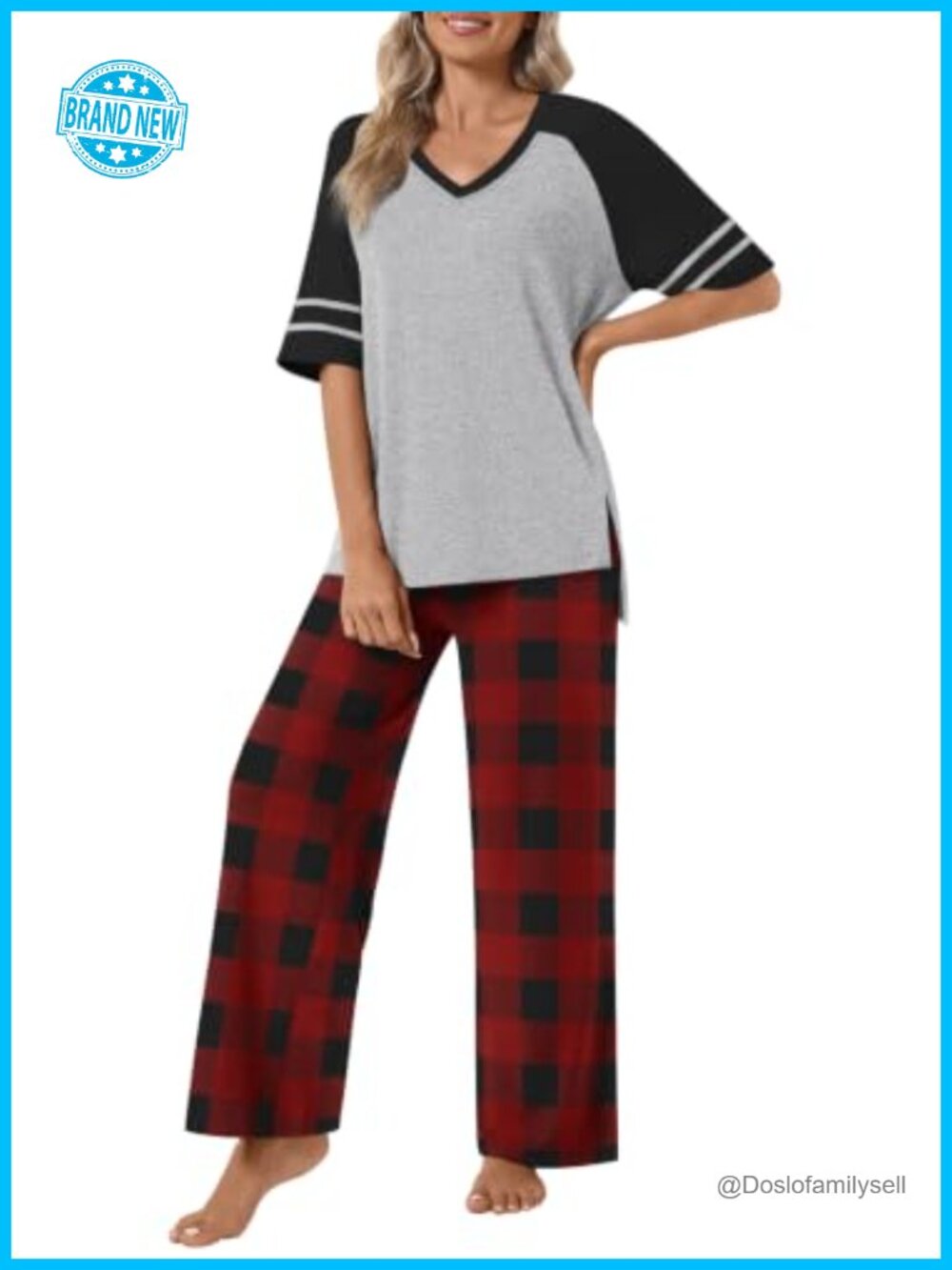 Womens Lounge Set V-Neck Short Sleeve Wide Leg Pants Pajamas